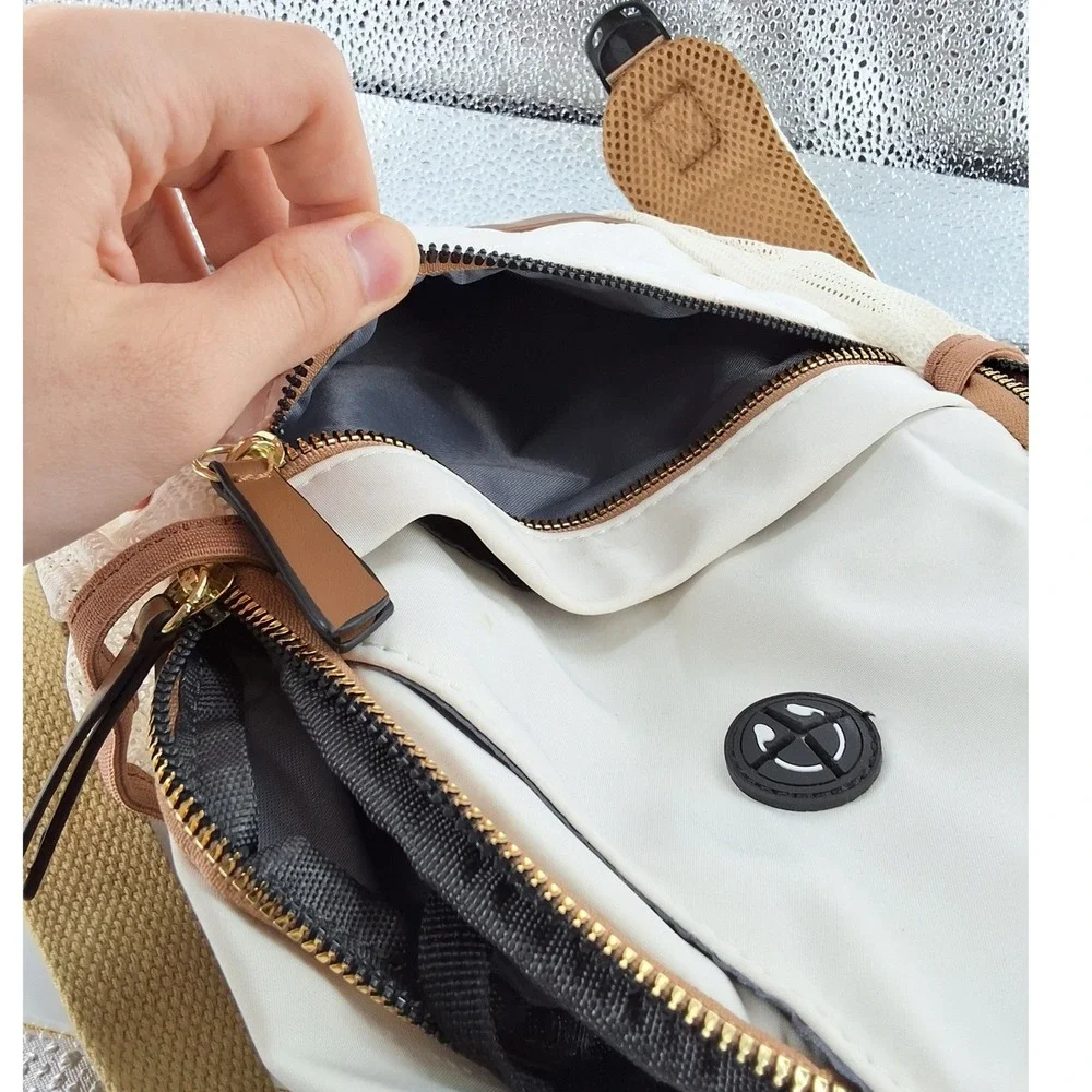 Cream Quilted Nylon‎ Sling Bag Unisex Crossbody Backpack Headphone Port